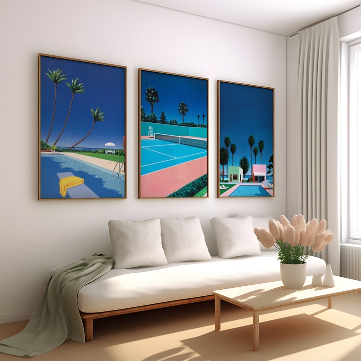 Hiroshi Nagai Vintage Set of 3 Framed Wall Art, Japanese Retro Poster, Pool Side