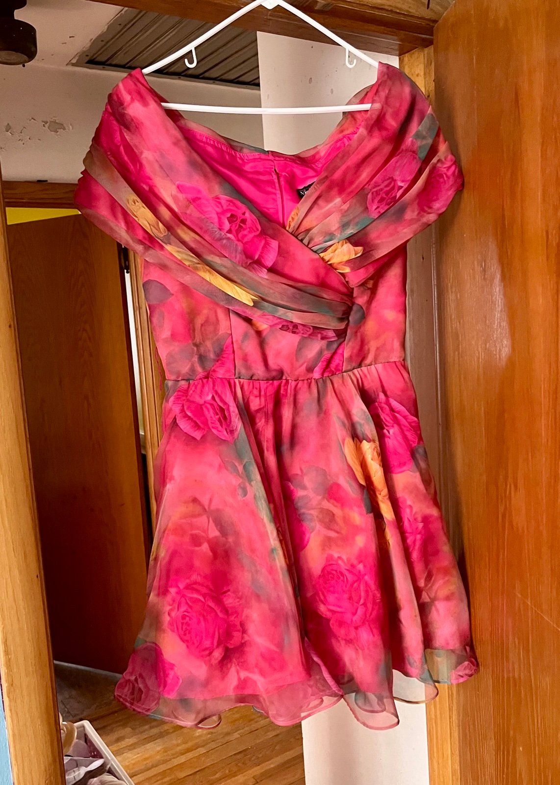 Vintage 80's Night Way roses cocktail off shoulder dress