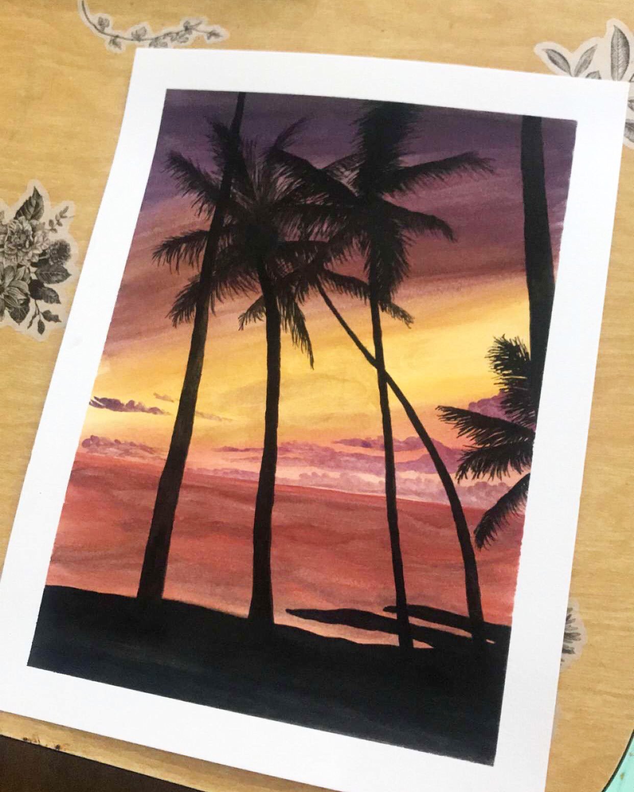 Gouache painting of palm trees