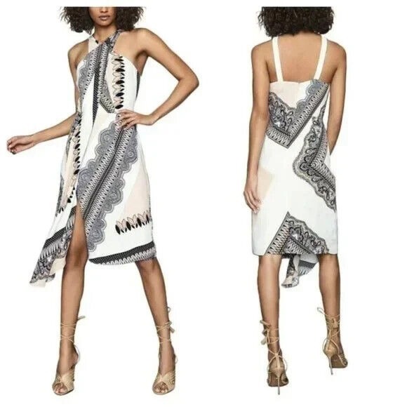 REISS Hope Scarf Print Wrap Dress Halter Neck Asymmetric Hem Multicolor 8 27-6