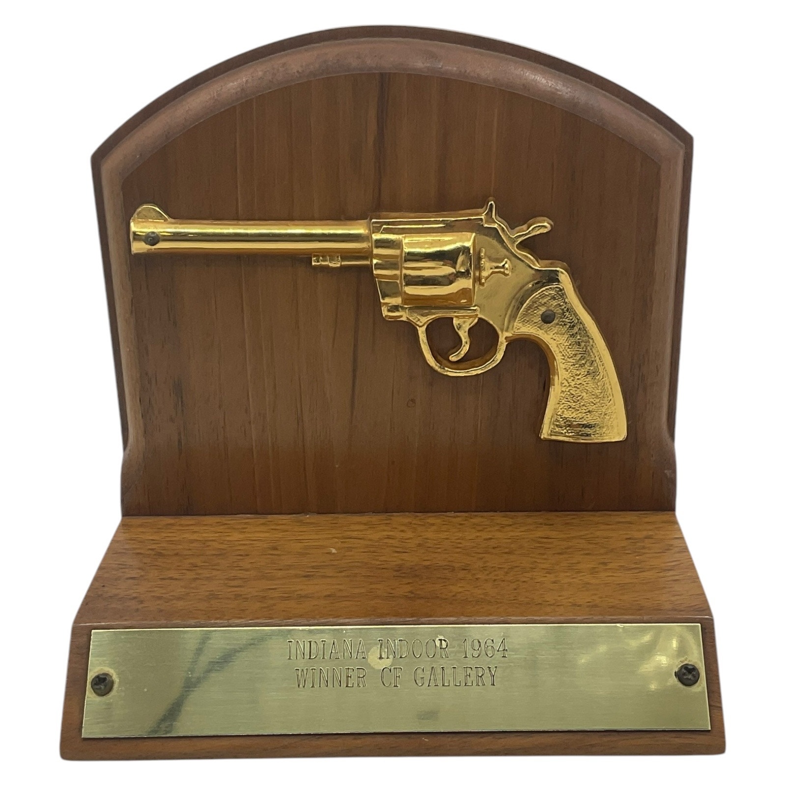 Vintage 1964 Indiana Indoor Gallery Shooting Trophy Wood Brass Revolver