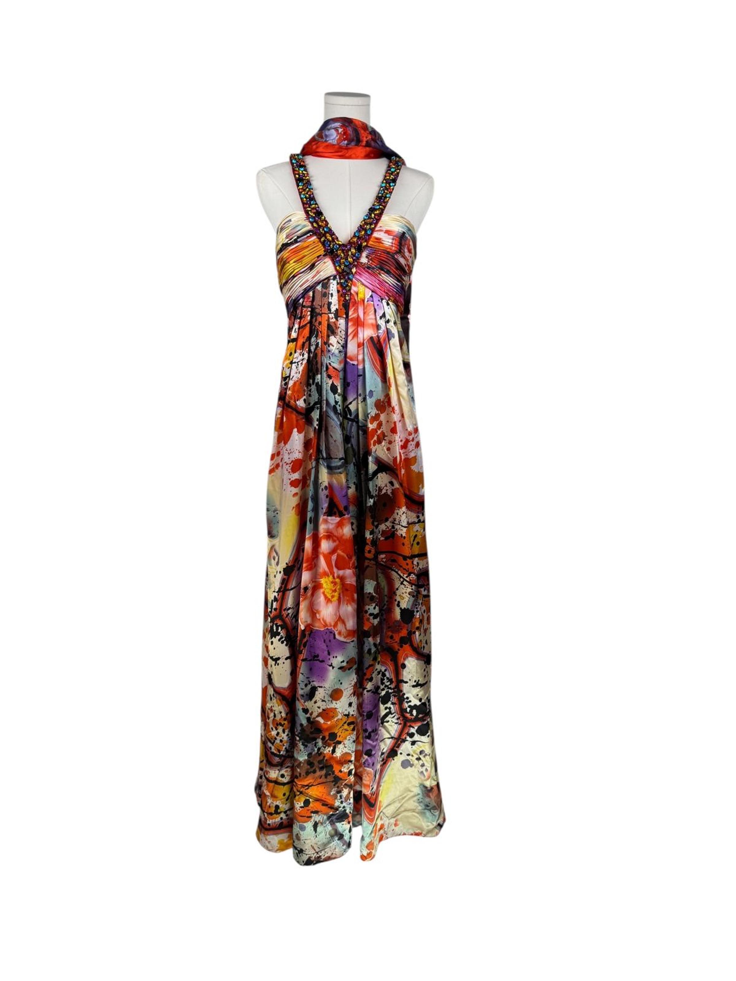 Y2K Vintage Jovani Multicolor Whimsigoth Beaded Dress w/ Scarf Size 4