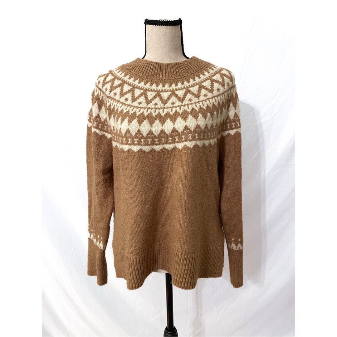 Talbots Fair Isle Sweater – Nordic Tan & Cream Knit, Size L, Cozy Pullover