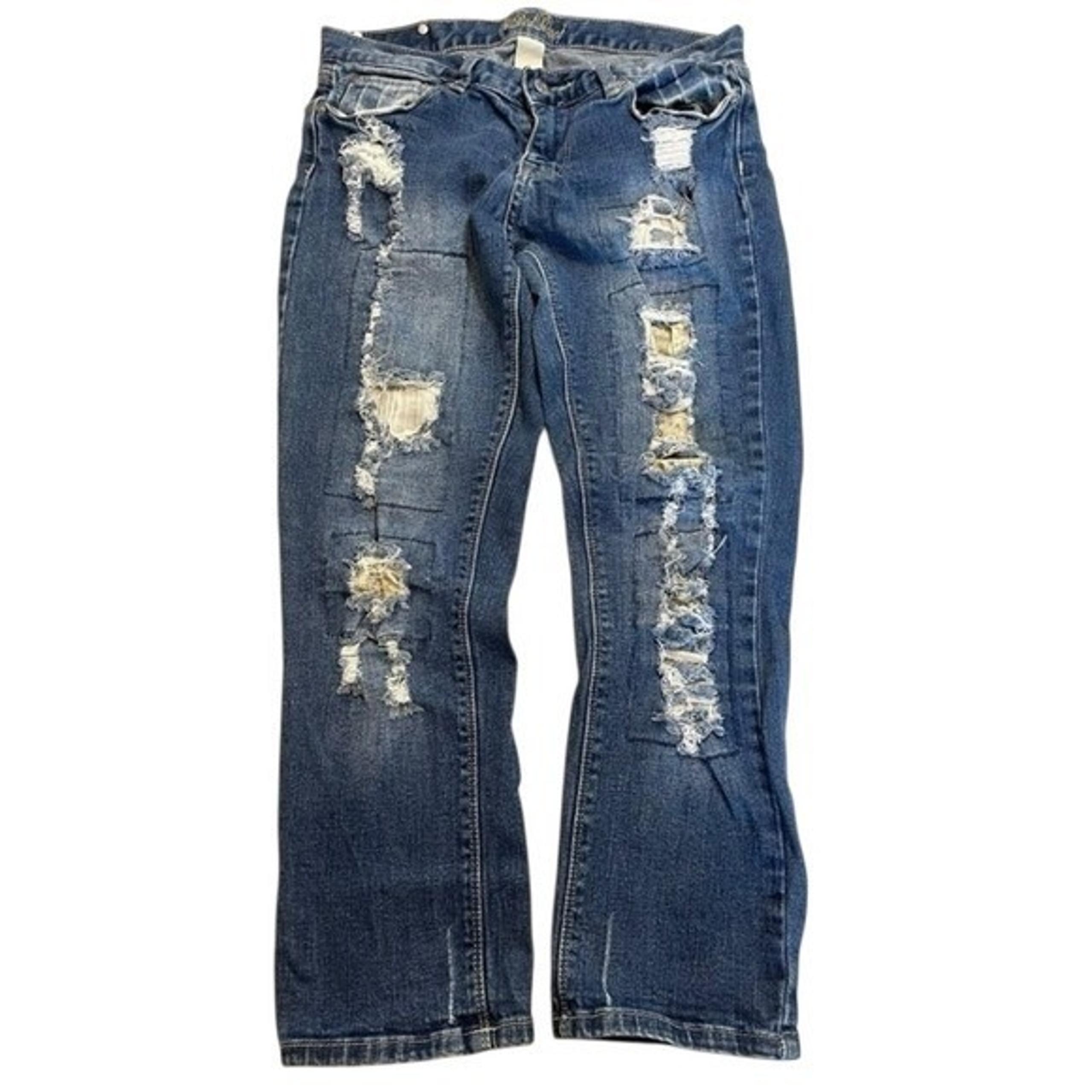 Red Rivet Distressed Patchwork Wide Leg Jeans Y2K Grunge Boho Women's 7