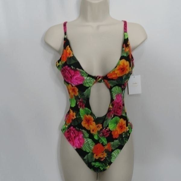 Andie Black Tropical Floral Santorini Cut Out One Piece Bathing Suit Small