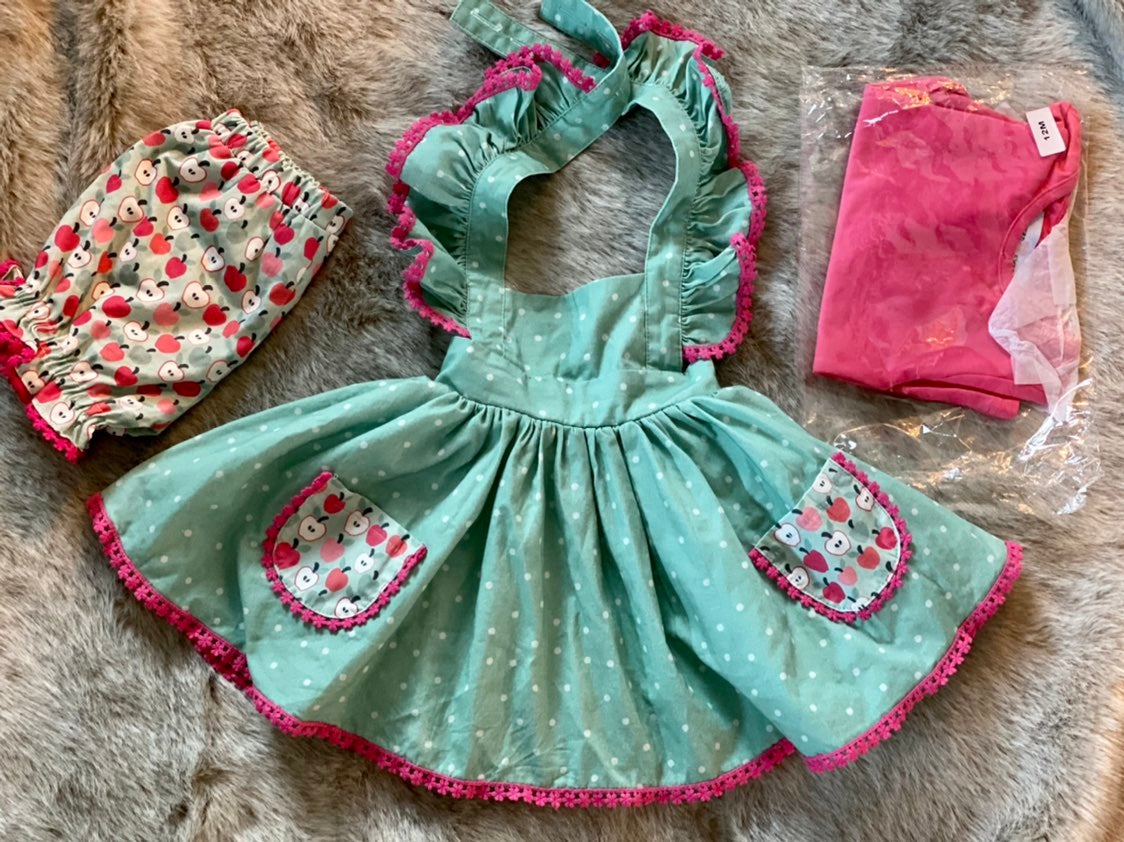 Smocked sweets 12m apple pinafore, bloomers, and NWT pink shirt