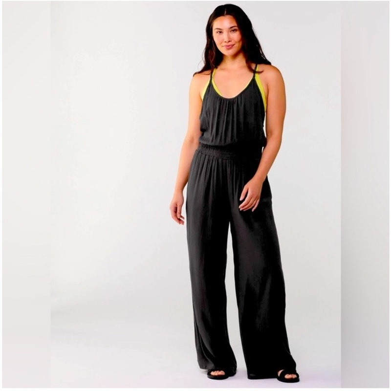 Prana Fernie Wide Leg Jumpsuit Women's S Black Crinkle Romper Swim Coverup Beach