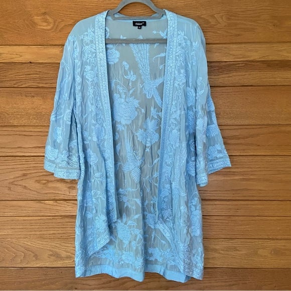 Tolani Mantra blue floral bird embroidered open front kimono cover up