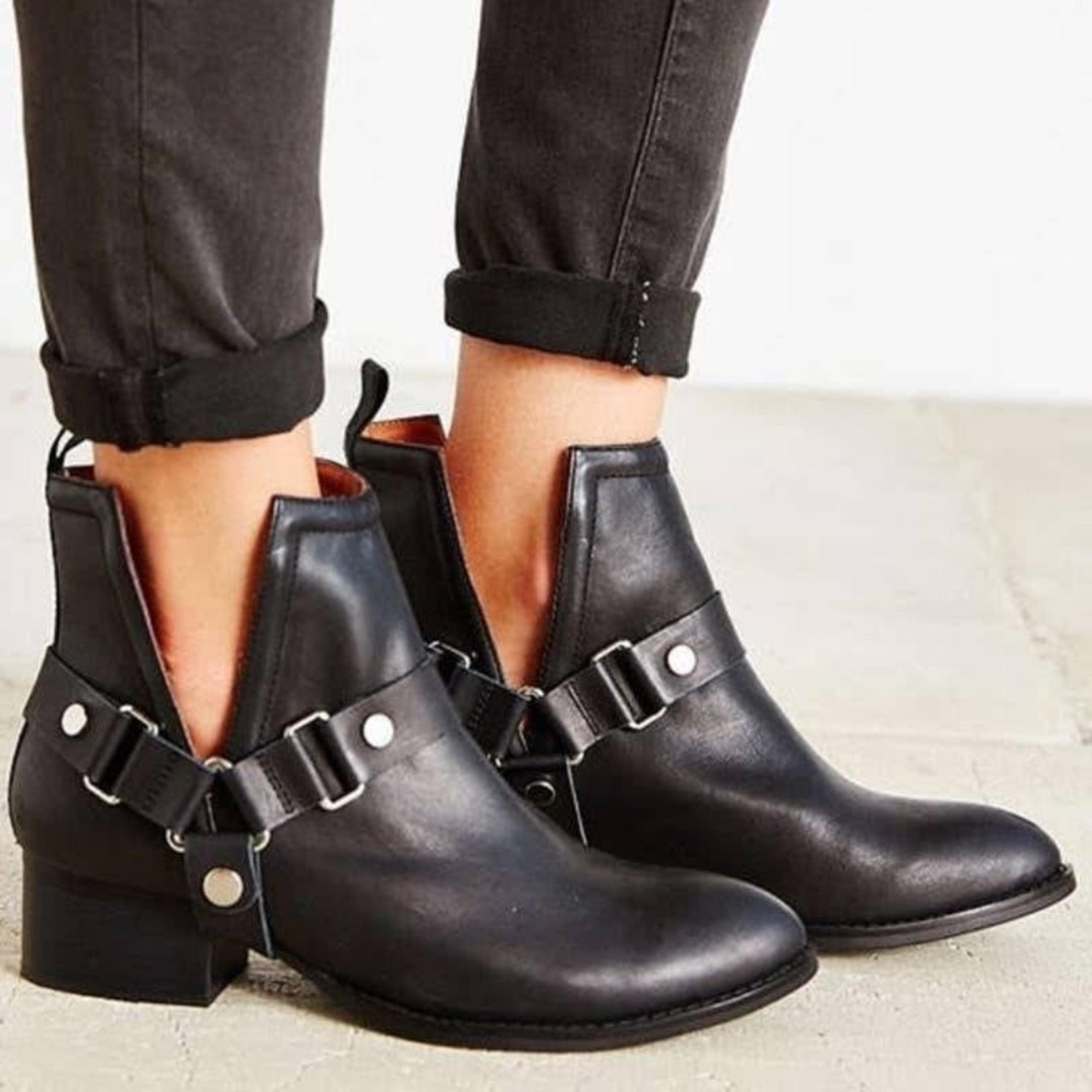 JEFFREY CAMPBELL 6 orwell bootie western black silver leather harness cowboy