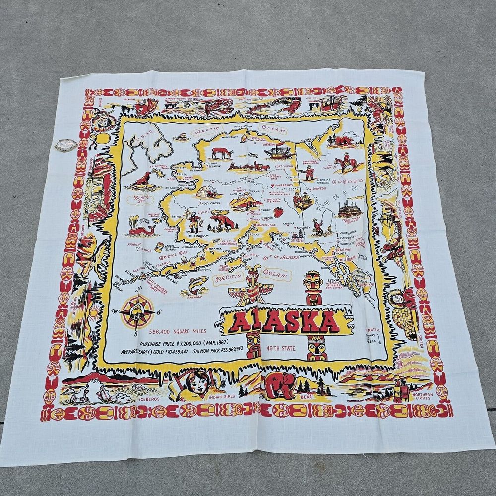 Vintage 1950's Alaska Linen Novelty Tablecloth 52 x 52 FEAT. Mt. McKinley New