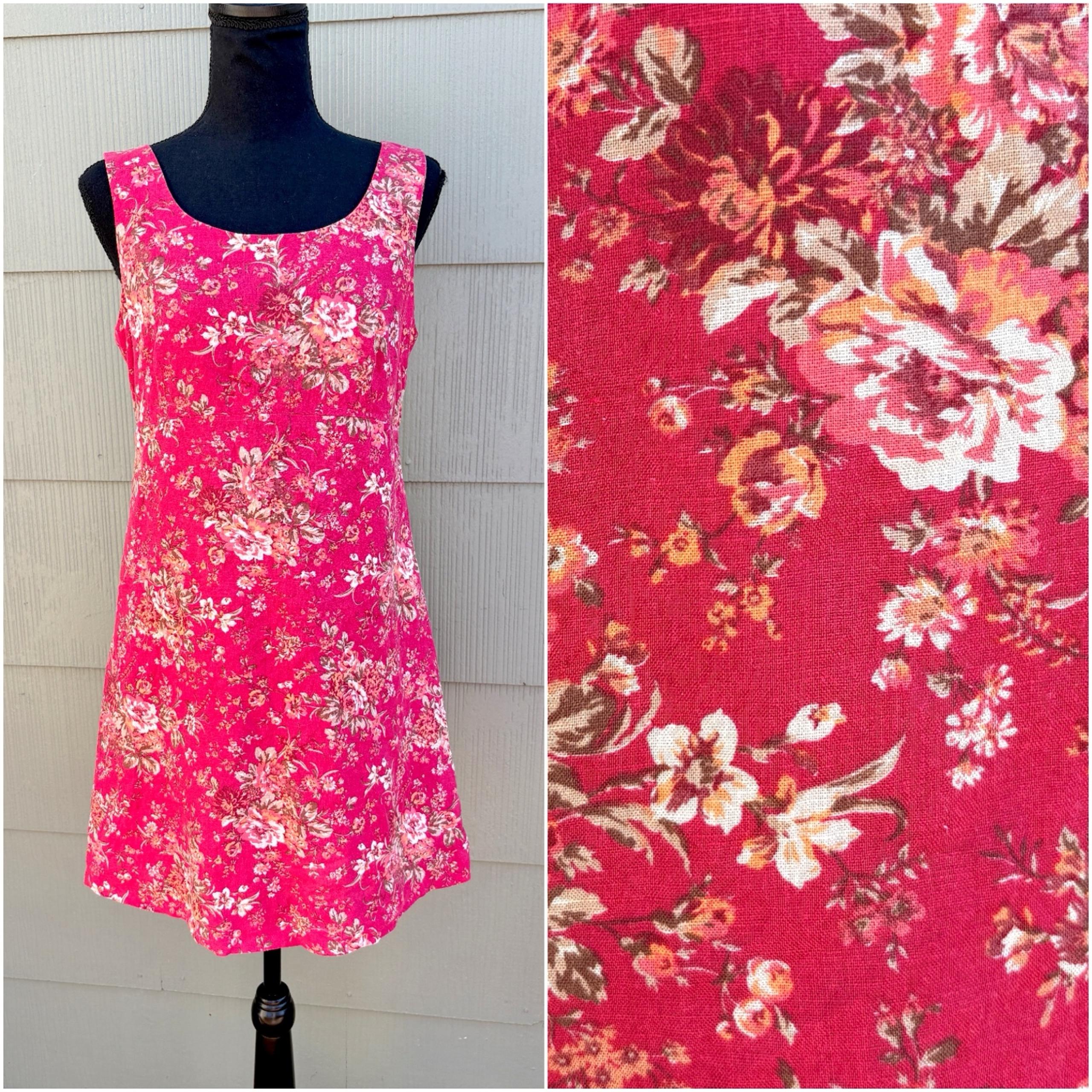 vtg Laura Ashley 80s 90s Cottage Boho Red Floral Linen Tank Shift Mini Dress