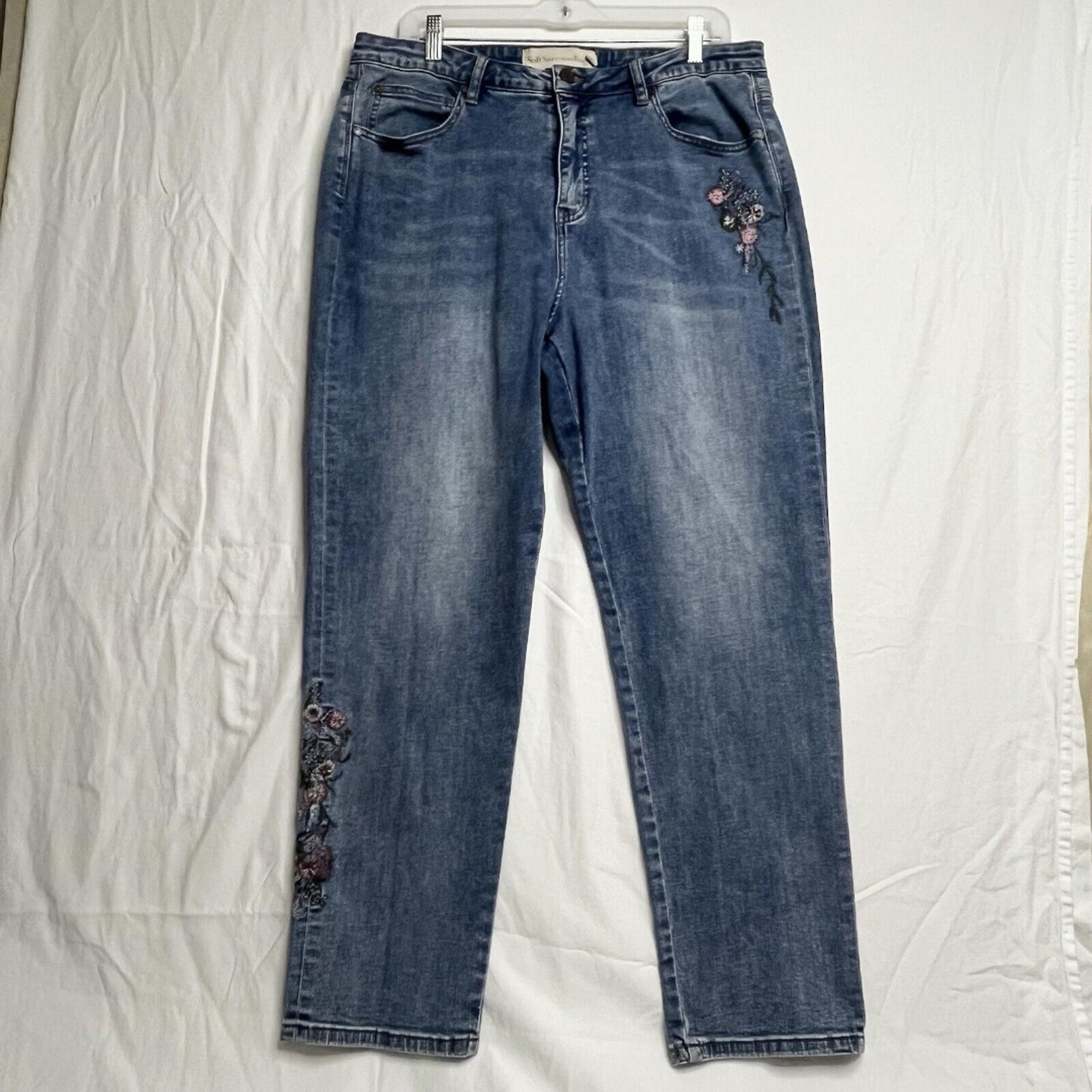 Soft Surroundings Boho Jeans Womens Sz 16 36*28 Blue Foral Embroidered Festival