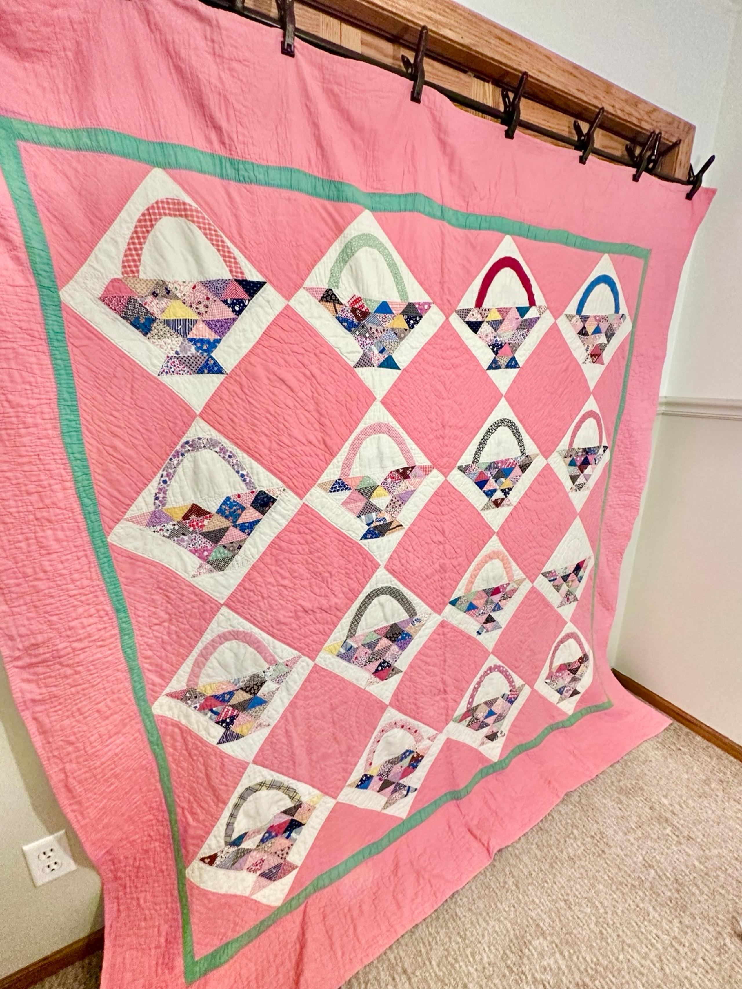Handmade pink baskets quilt