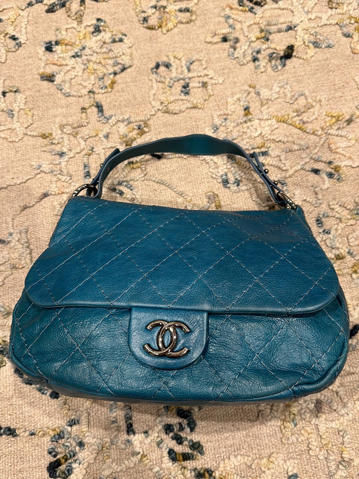 CHANEL GLAZED CAVIAR LARGE HOBO FLAP BAG TURQUOISE GREEN