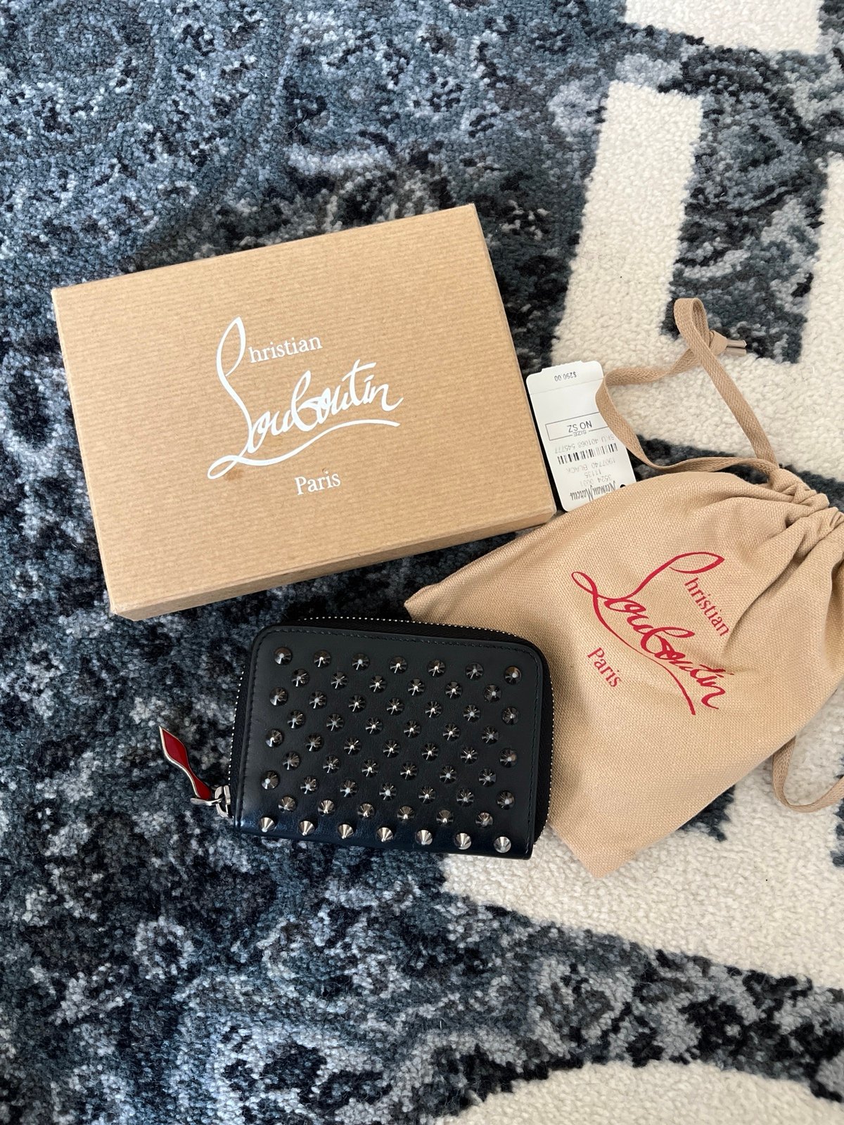 Christian Louboutin PANETTONE Coin Case Spike Stud Leather Black Authentic
