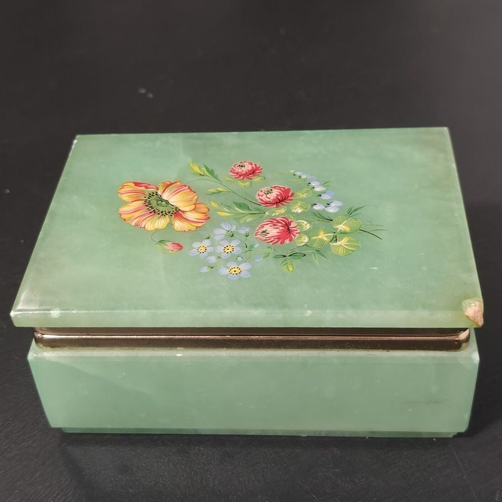 Alabaster Green ONYX Floral Keepsake Trinket Box Marble Gold
