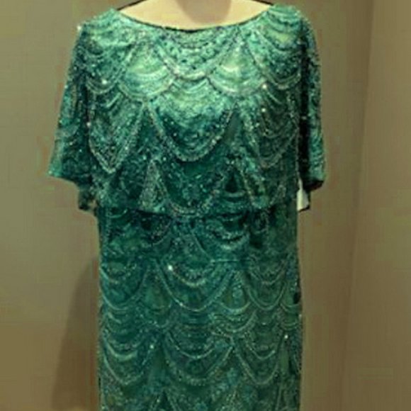 Mac Duggal Blue Green Embellished Capelet Column Gown