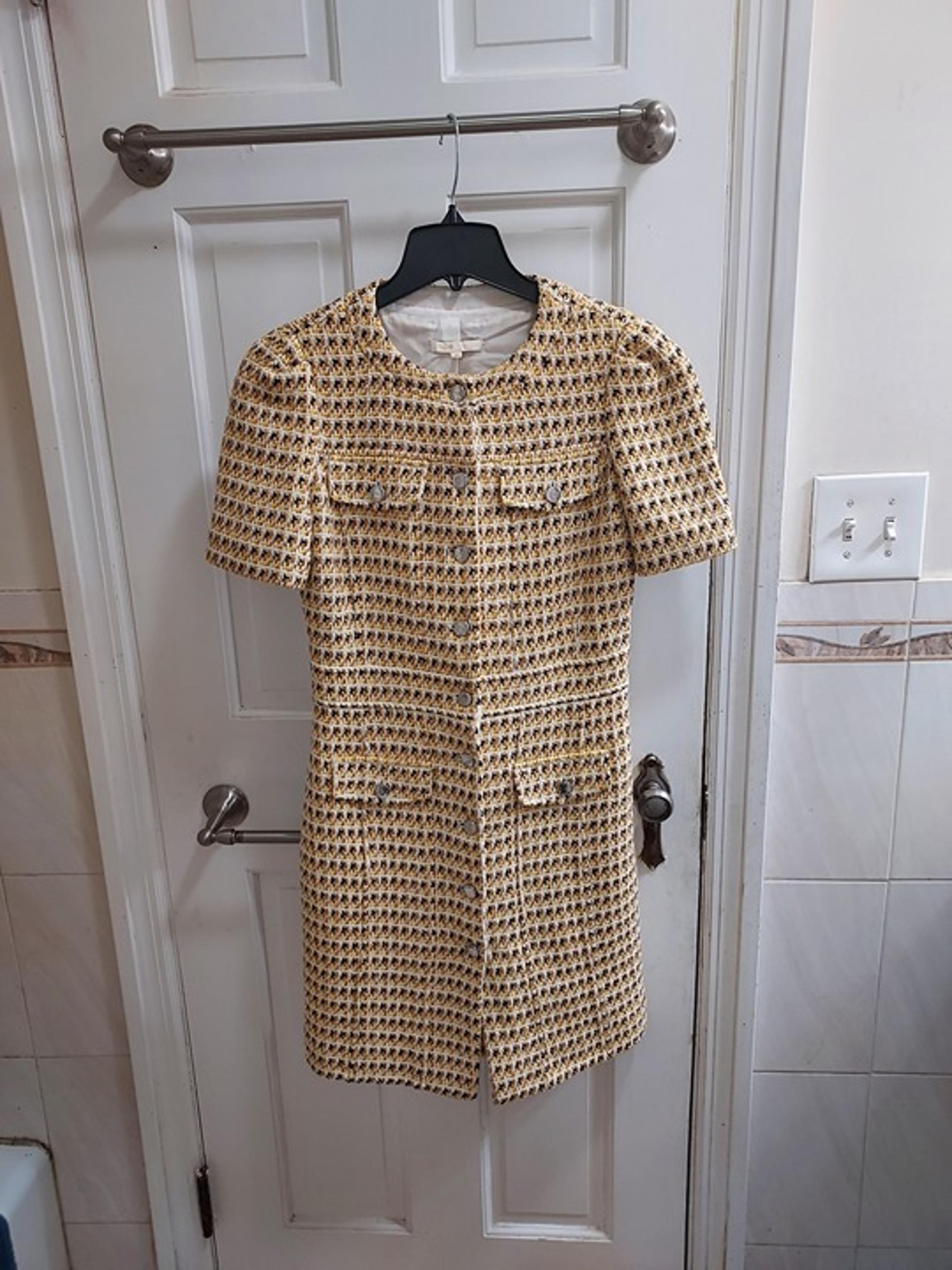 MAJE Yellow Gold Rill Metallic Cotton Tweed Mini Dress