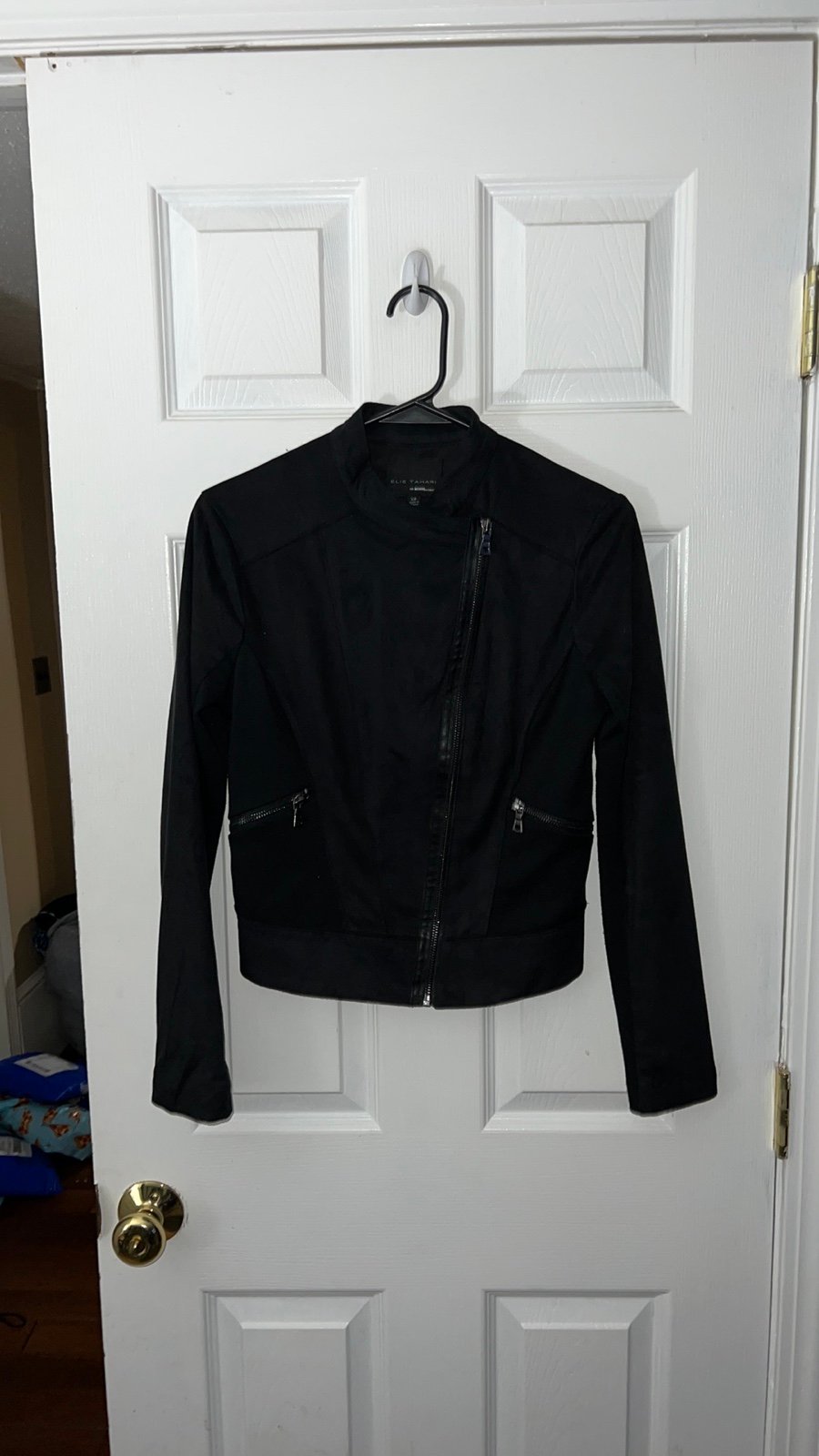 Elie Tahari DesigNation Black Asymmetrical Zip Faux-Suede Moto Jacket Size XS