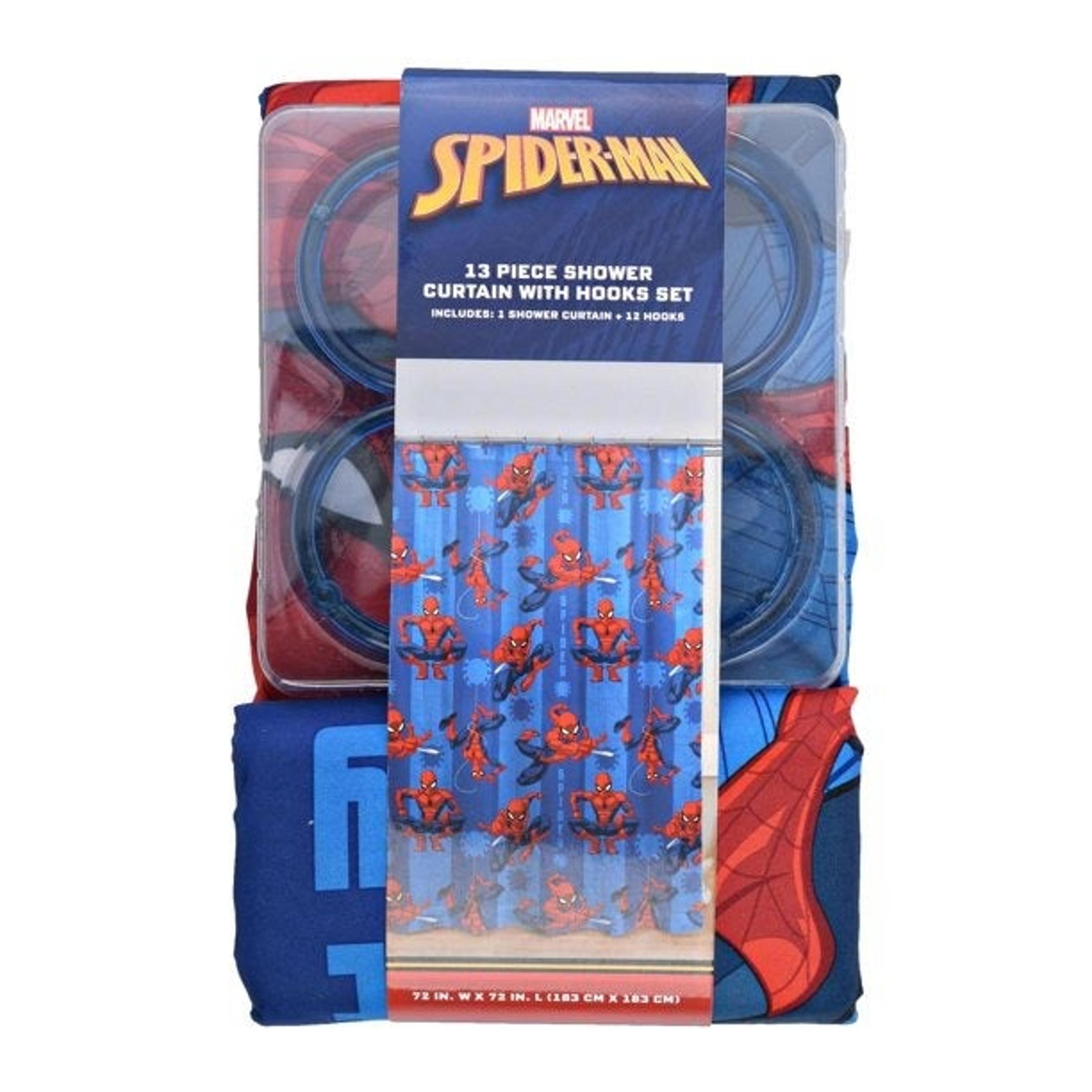 Marvel Spiderman Shower Curtain Red & Blue With Blue Hooks 13Pc Set 72"x72" New