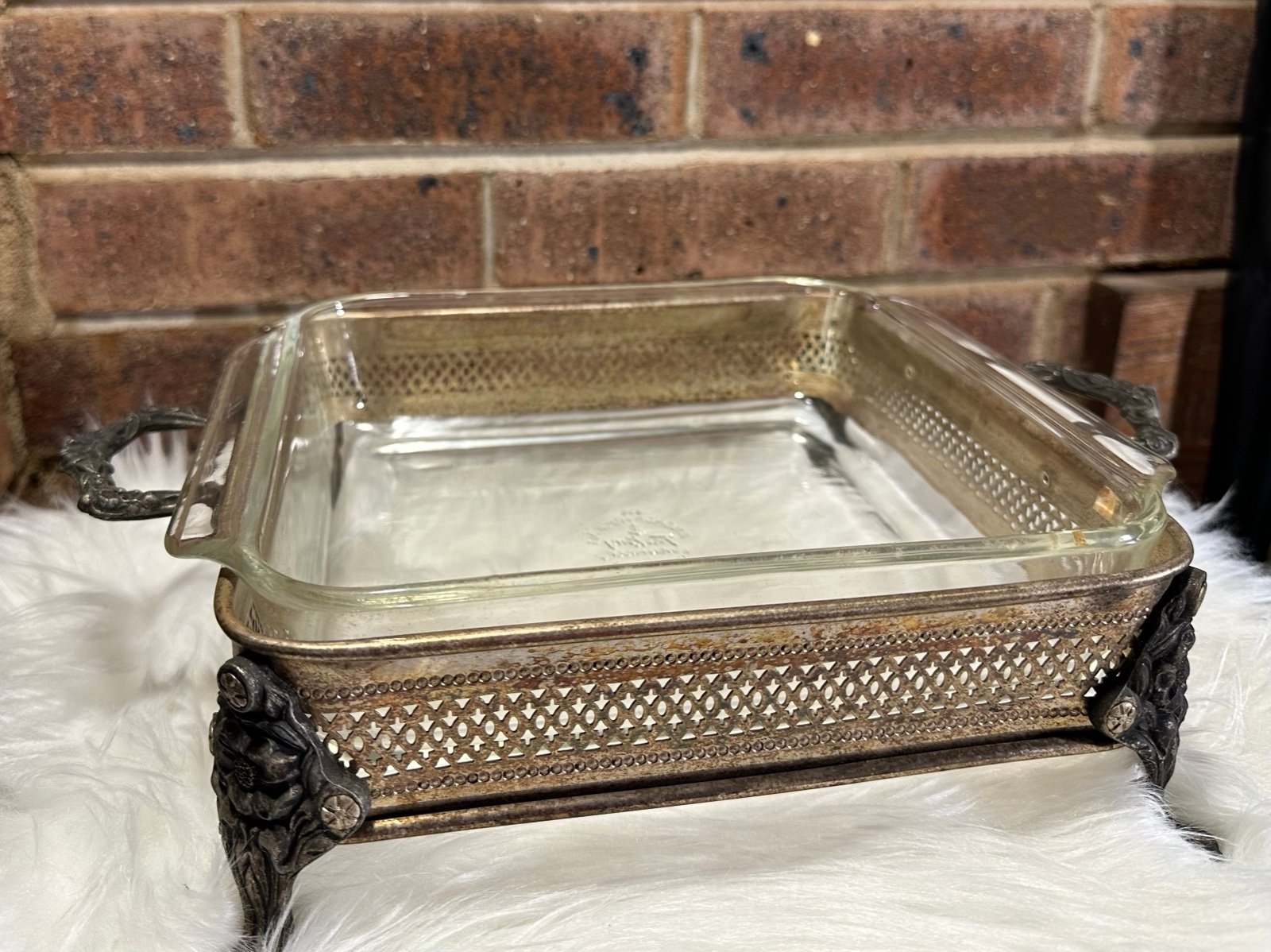 Vintage Fire King Anchor Hocking USA Casserole Dish & Silverplate Stand
