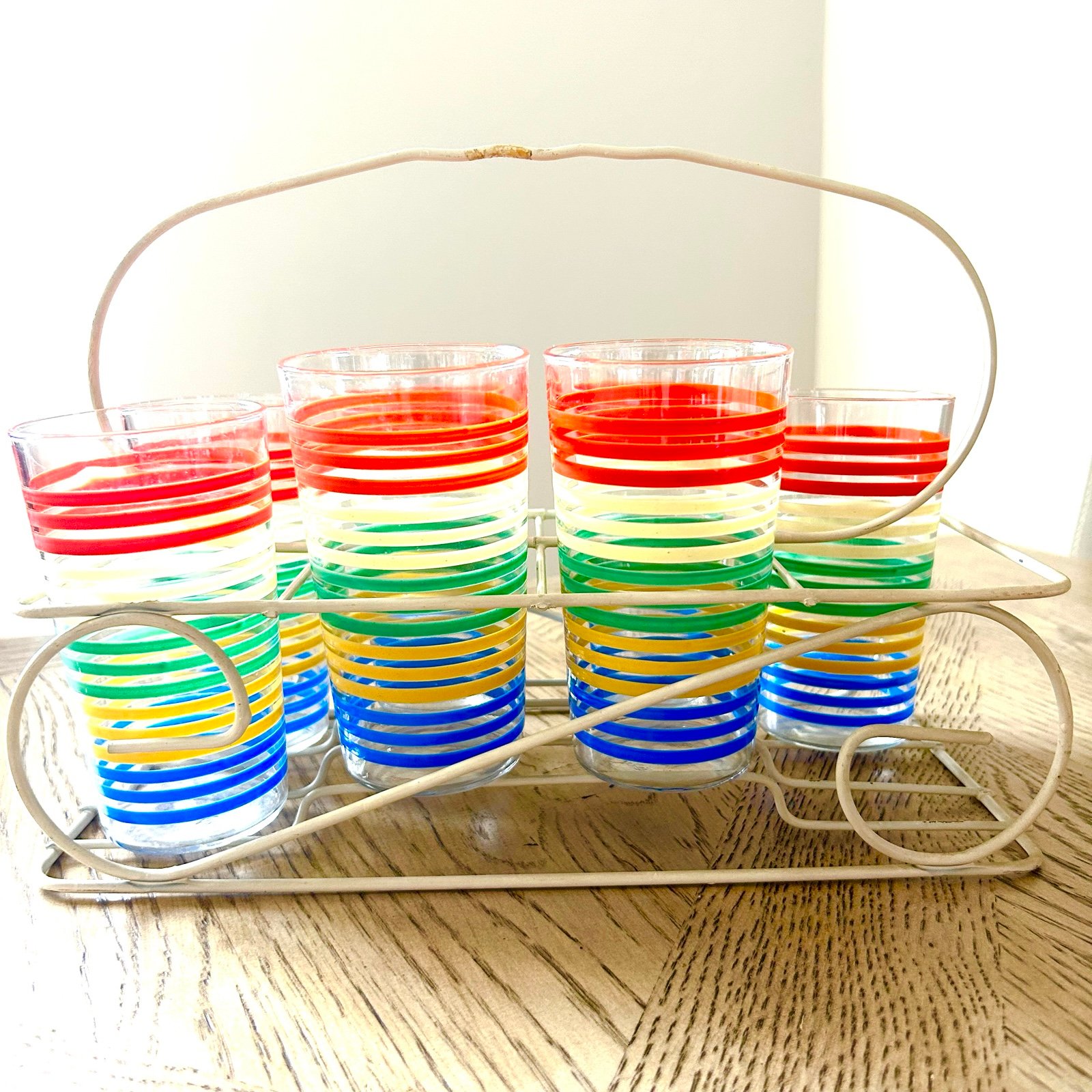 Rare Anchor Hocking Fiesta Bands 11oz Tumbler Glasses  W/ Carrier 4 3/4" (7) VTG