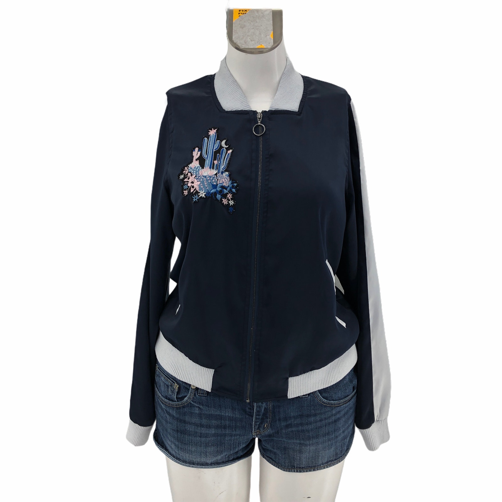 Juicy Couture SMALL Navy Blue Cactus Patch Track Windbreaker Bomber Jacket Zip