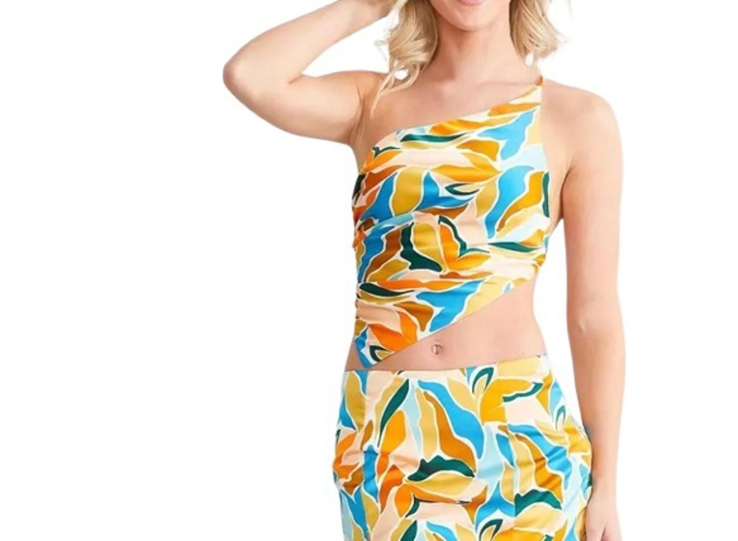 Lulus Womens Mini Skirt Set Cream Combo Abstract Print Asymmetric Tank Satin XL