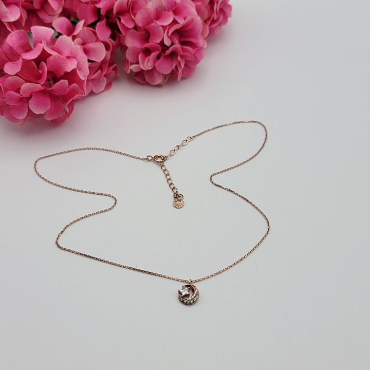 Vintage Rose Gold Vermeil Sterling Silver Moon Star CZ Pendant Necklace 18 Adj.