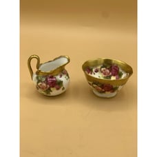 Royal Chelsea 'Golden Rose' OPEN SUGAR BOWL & CREAMER w/Heavy Gold and Roses