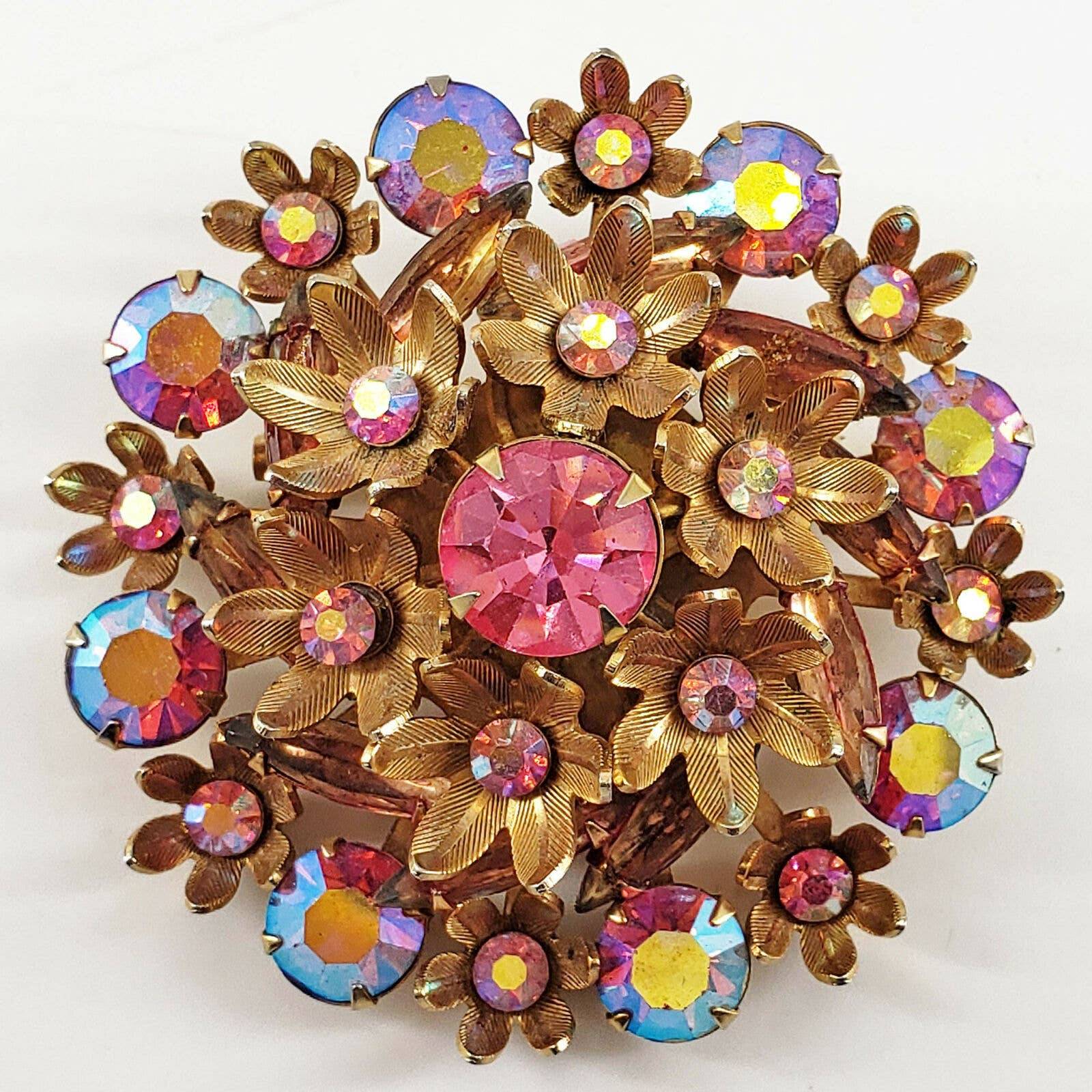 Vintage Iridescent Pink Faceted AB Glass Rhinestone Huge Flower Brooch Pin 2.5