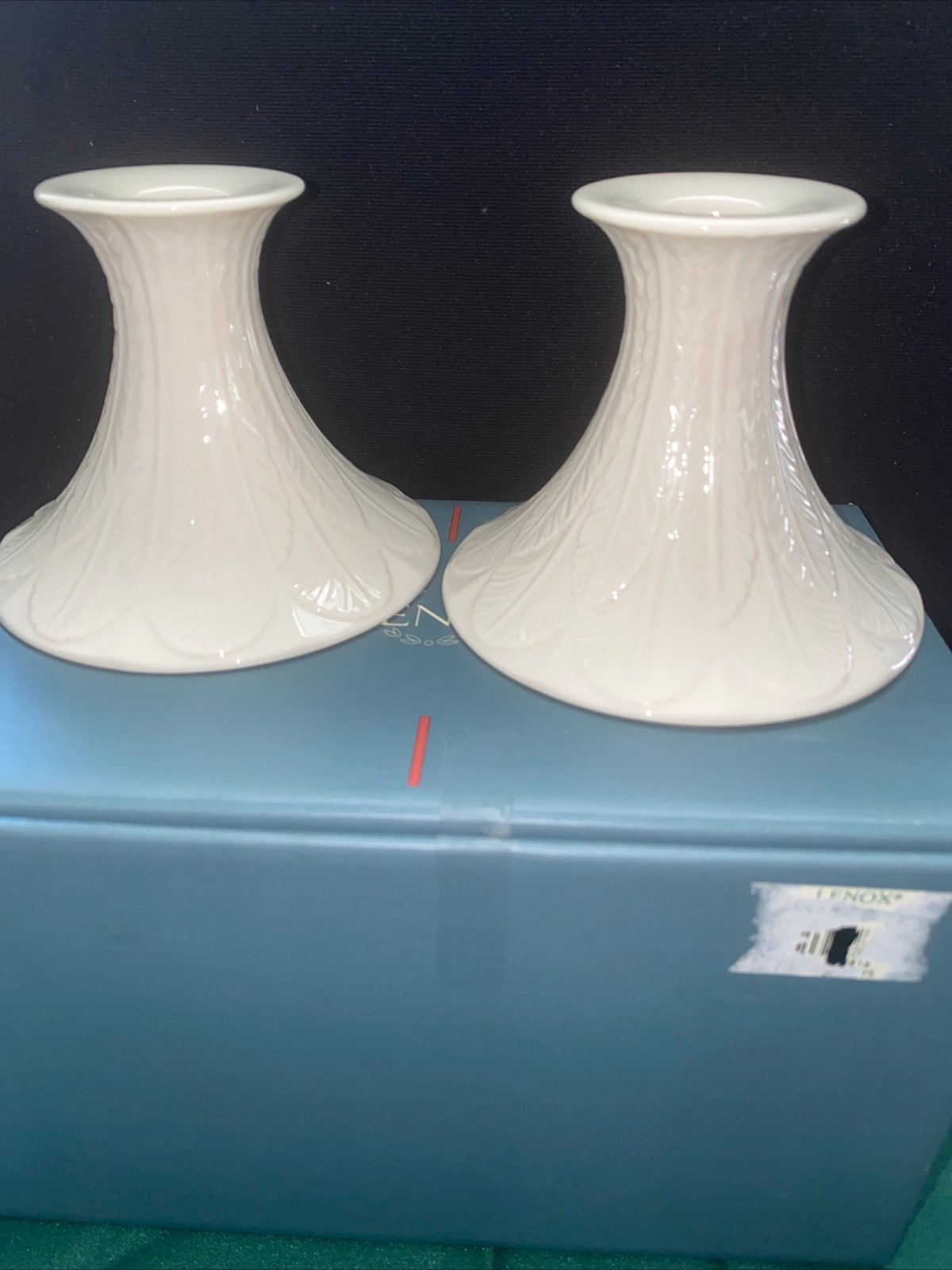 Lenox Candlestick Holder Greenfield Ivory Feather Pattern USA New Box. Measures