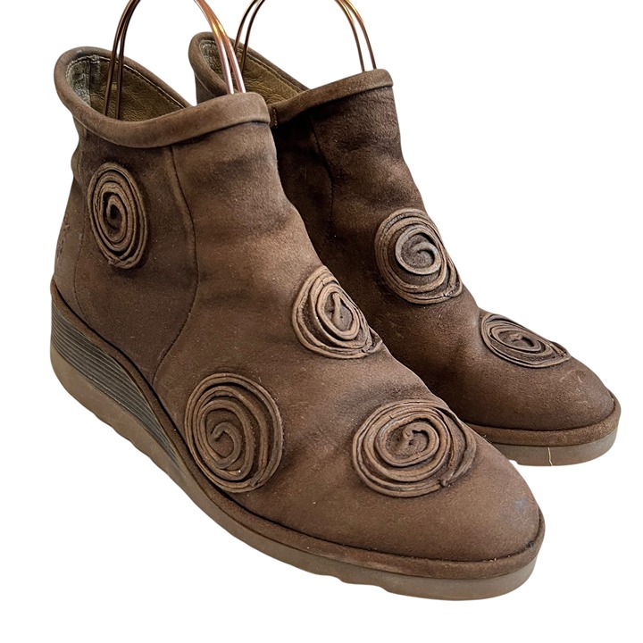 Fly London Swirl boots brown suede EU 40 US womens 9 9.5 wedge booties short