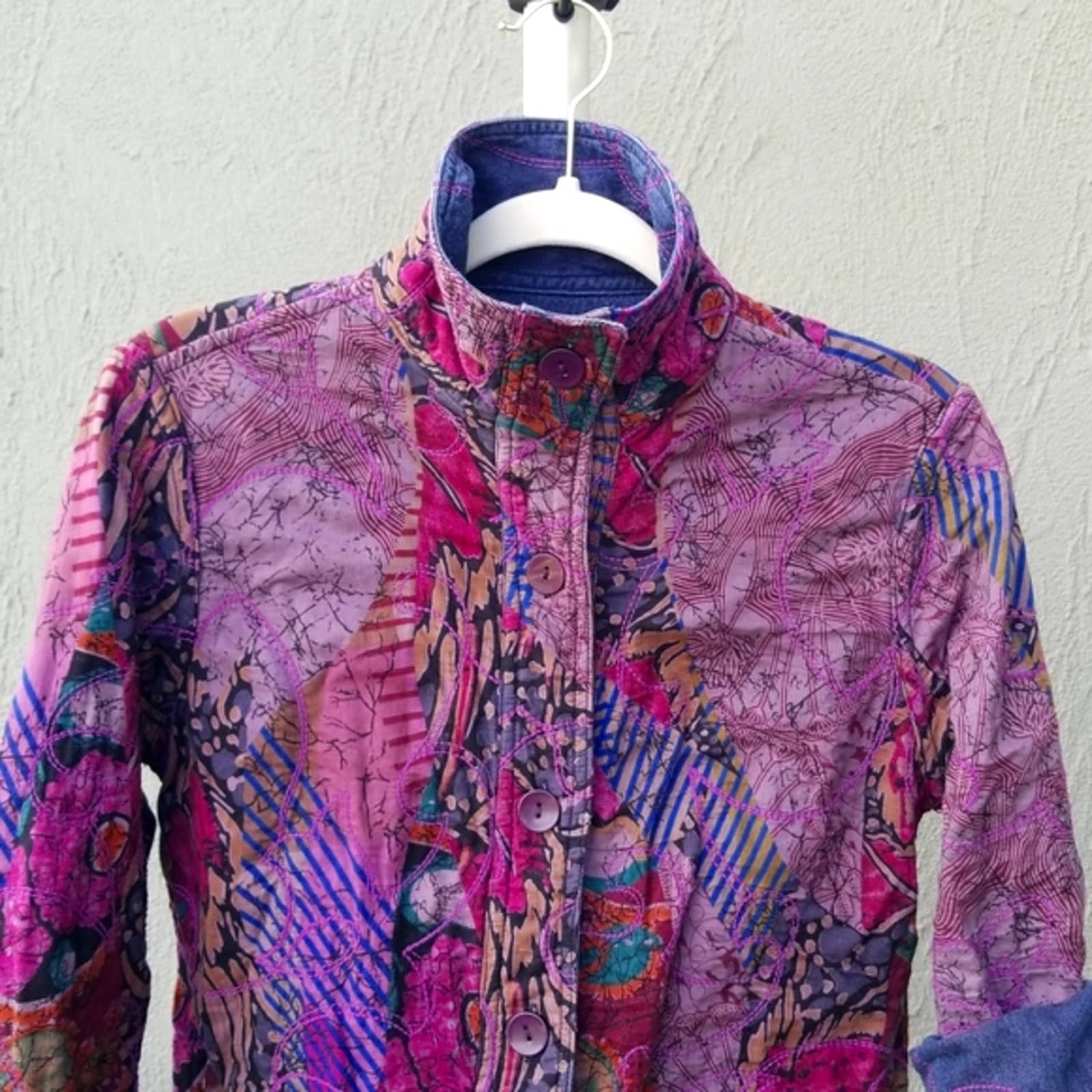 Vintage Batik & Denim Reversible Embroidered Chore Coat Purple Blue Small