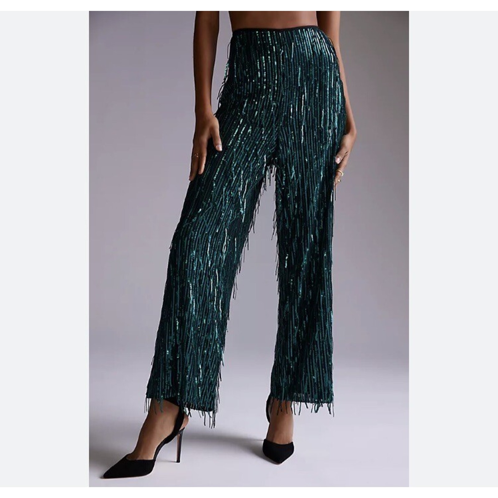 Anthropologie Maeve Fringed Sequin Pants High Rise Straight Leg Green Lined Sz 0