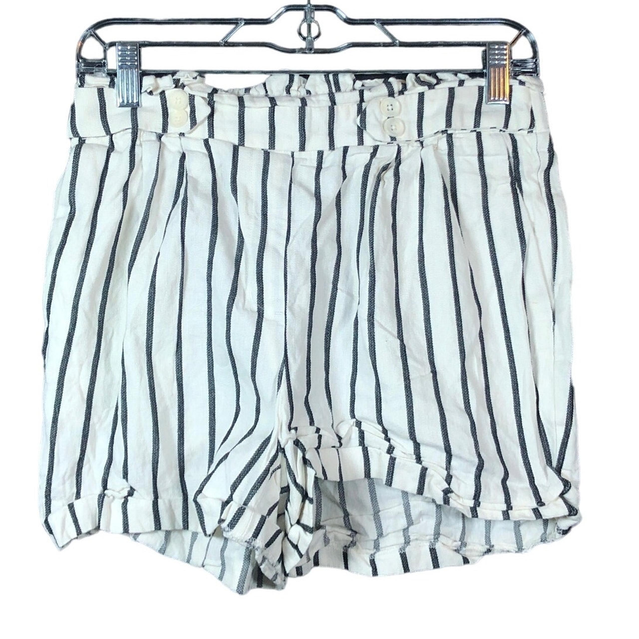 Express Womens Shorts Cream Black Striped Pull On Midi High Rise Linen Blend S