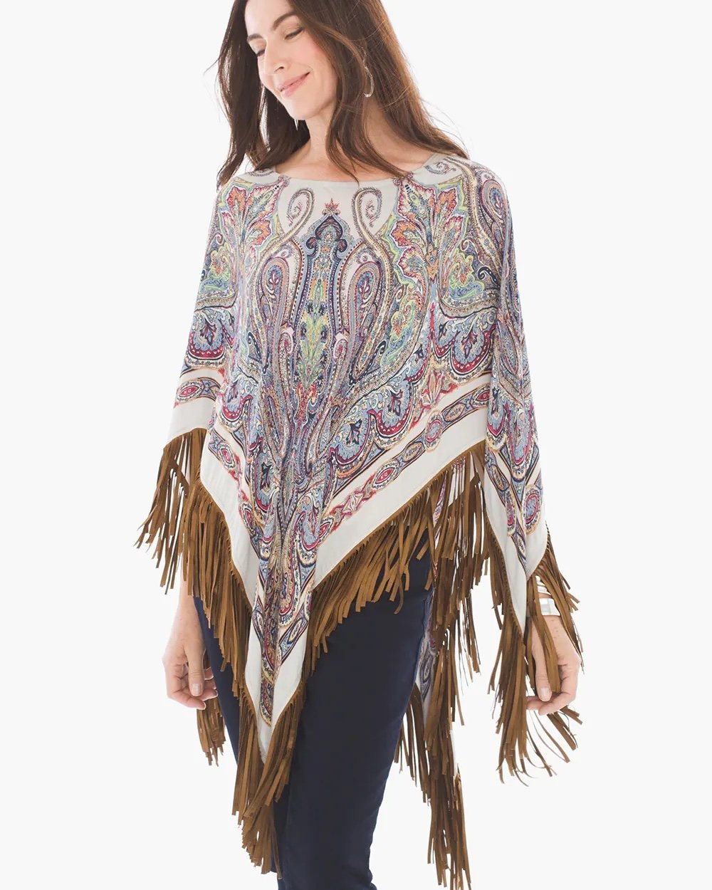 Chico's Paisley Triangle Fringed Poncho One Size Boho Western Lightweight