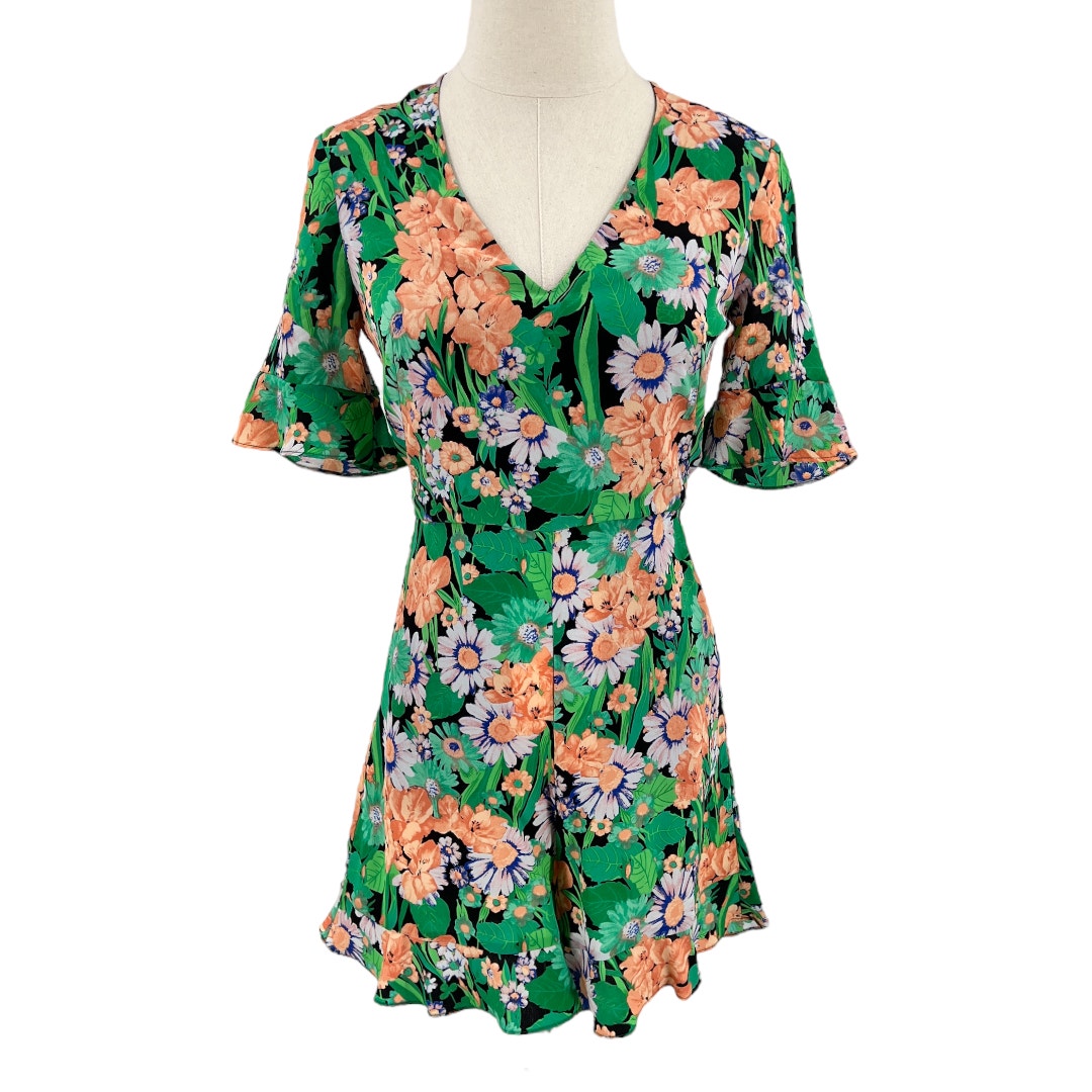 Sandro Eudelin Floral Print Silk V Neck Romper Green Size 34