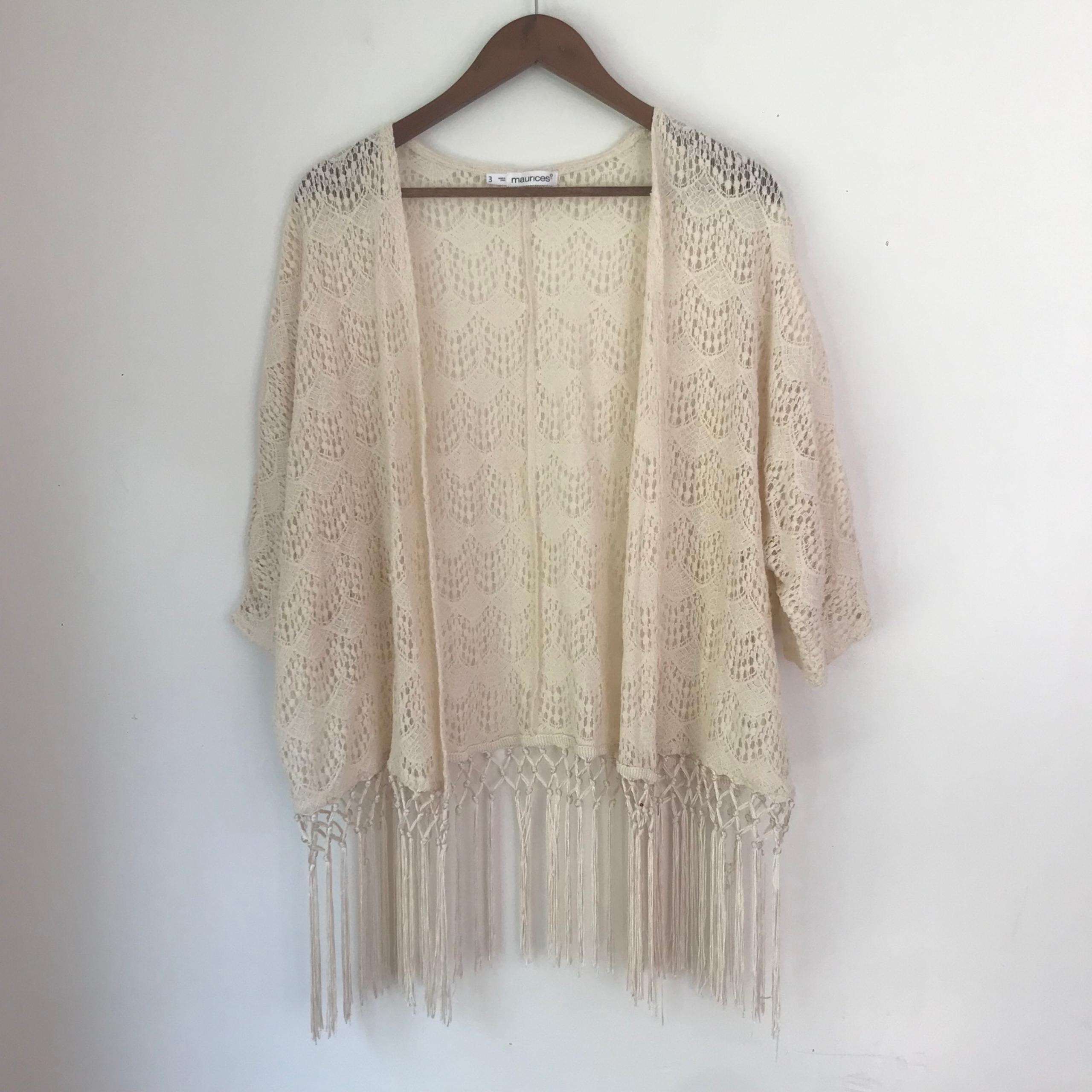 Maurices cream fringe cardigan L XL crochet boho hippie western coastal cowgirl