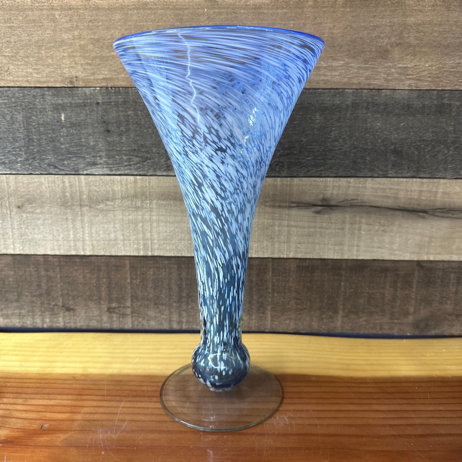 Tall murano blue white art glass vase 13”