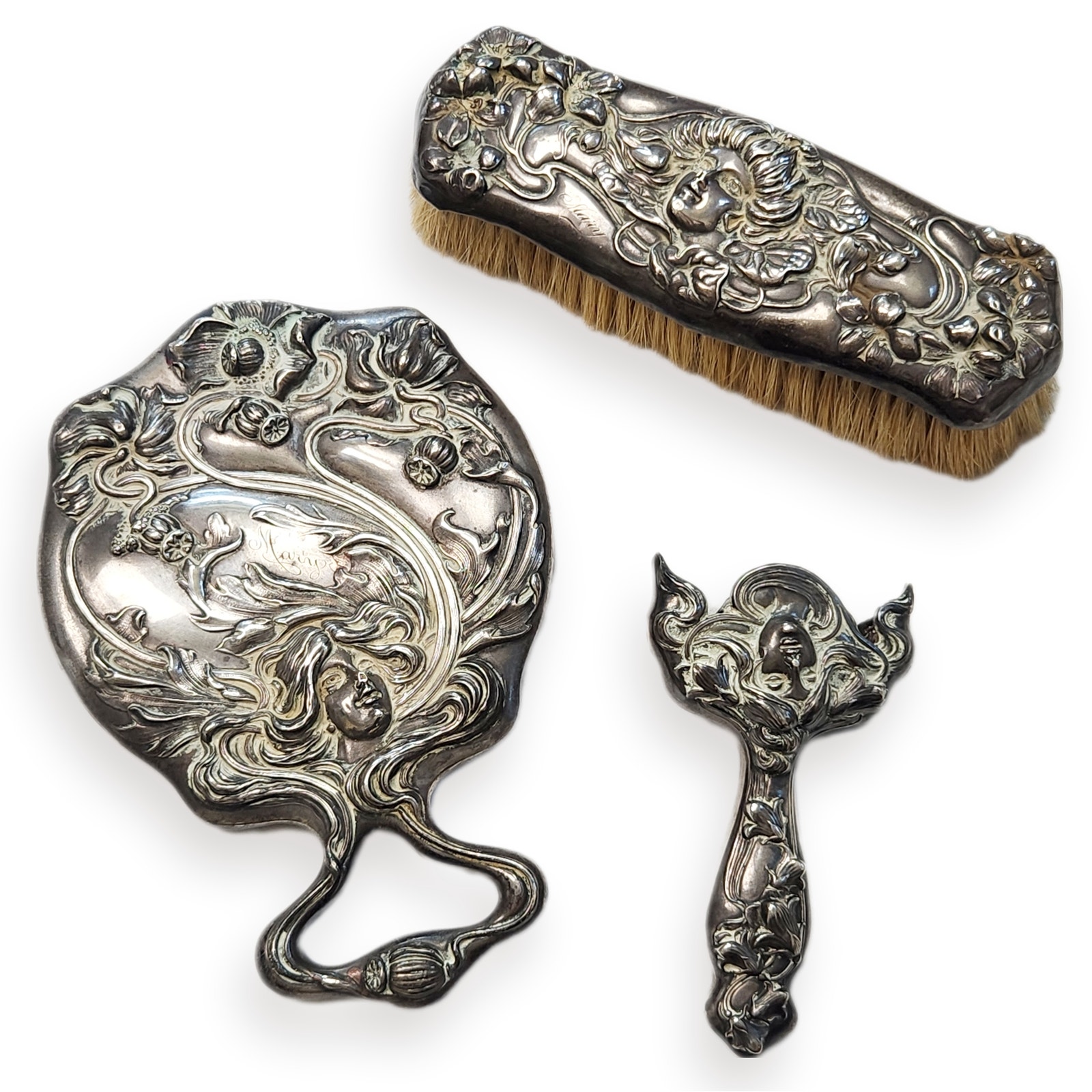 William Kerr Sterling Art Nouveau Vanity Set Mirror Brush Antique
