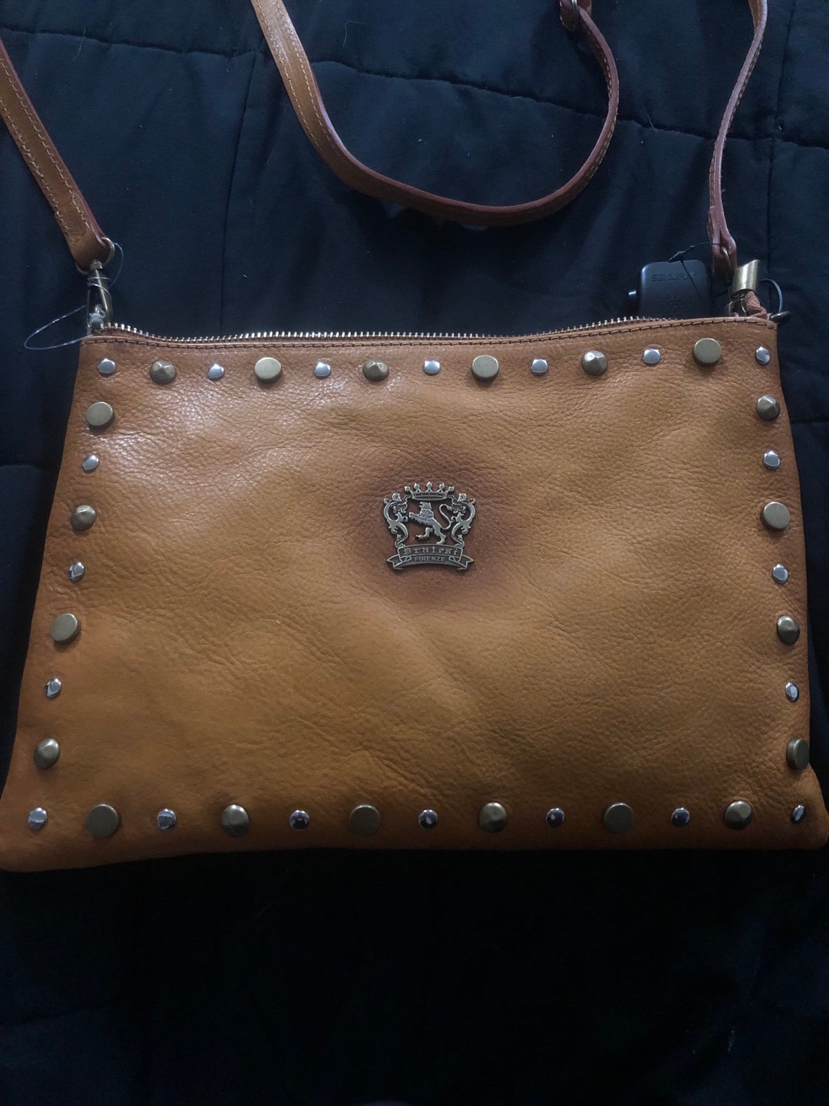 Pratesi Firenze Clutch Crossbody Italian Leather Wristlet Cognac Studded New