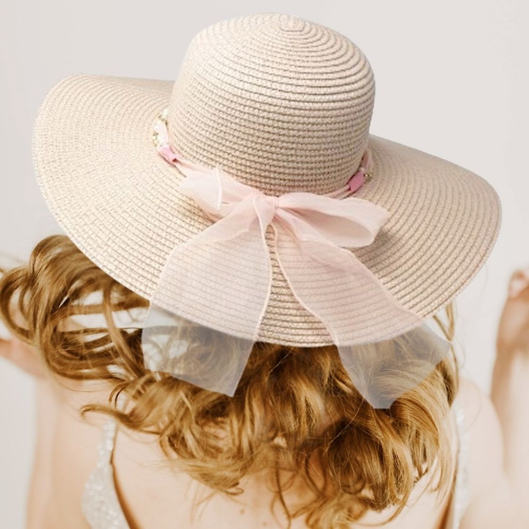 Pink Straw Sun Hat Pearl Band Brim Casual Womens Beach Vacation Accessory