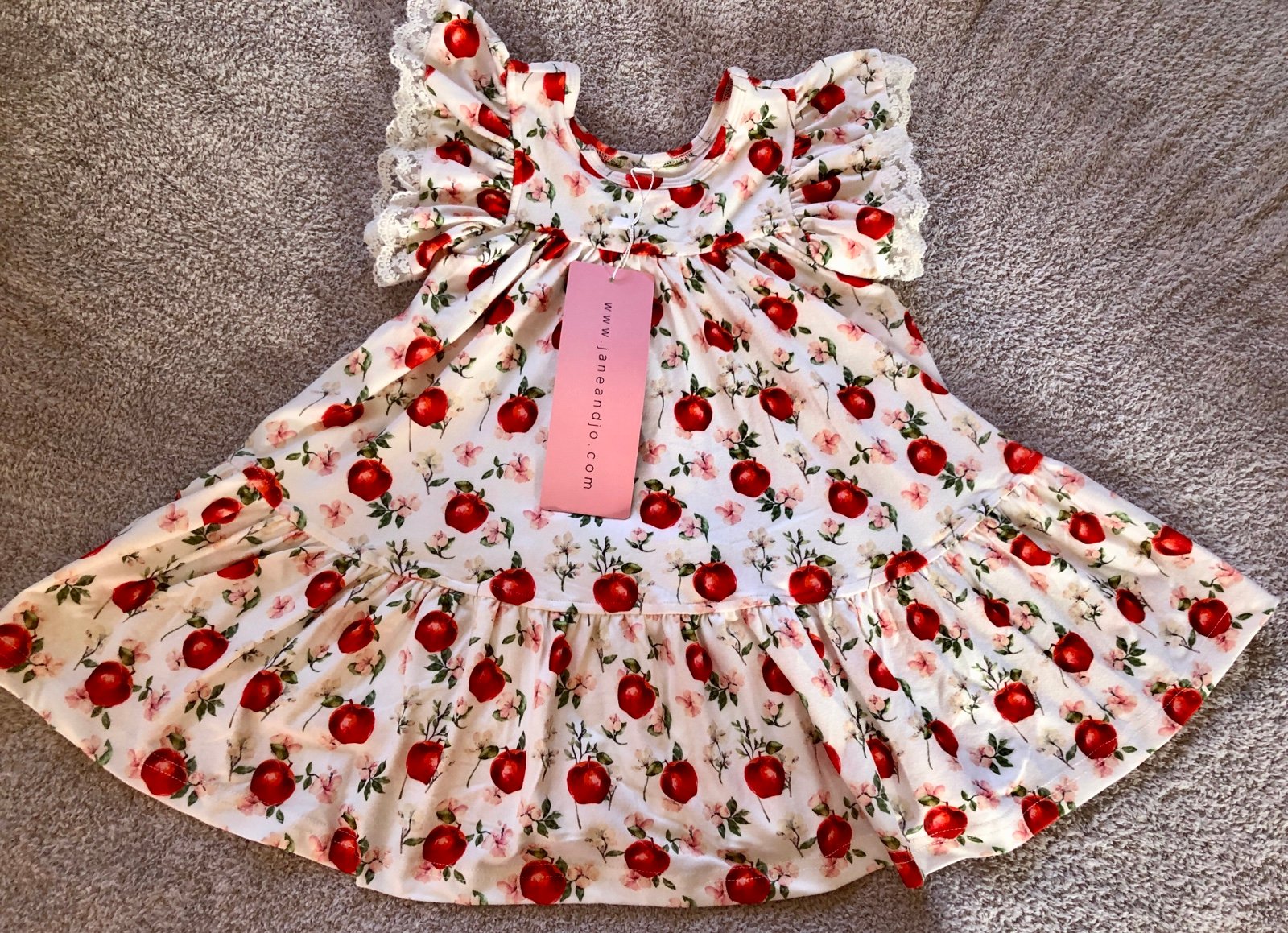 NWT Boutique Jane + Jo Size 2T Ruffle Sleeve Apple Print Dress