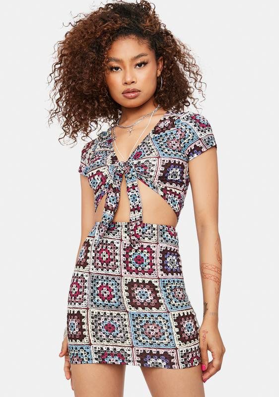 Dolls Kill Dreams of the Bohemian Patchwork Print Skirt Set