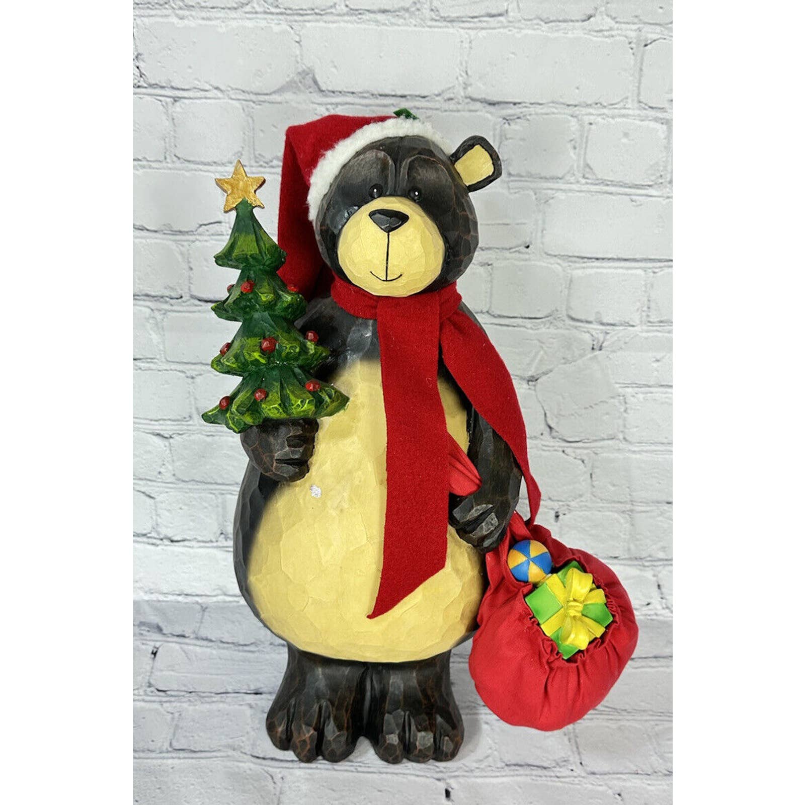 Vintage 19” Log Cabin Black Bear in Red Cap and Scarf Holding Christmas Tree