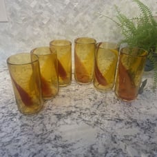 Pier 1 amber Red yellow SWIRL STUDIO ART GLASS HandBlown Drinking HIGH BALL
