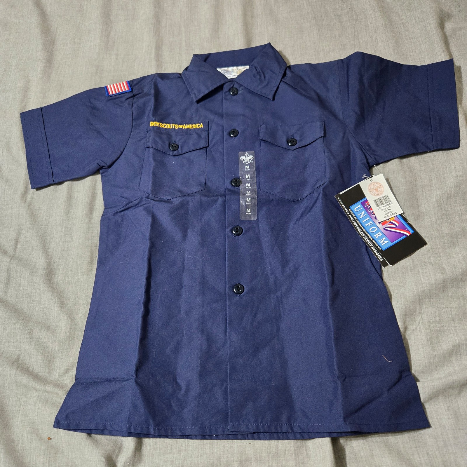 Boy Scouts Of America Shirt Youth Medium Blue Button Up Flag Uniform USA Boys