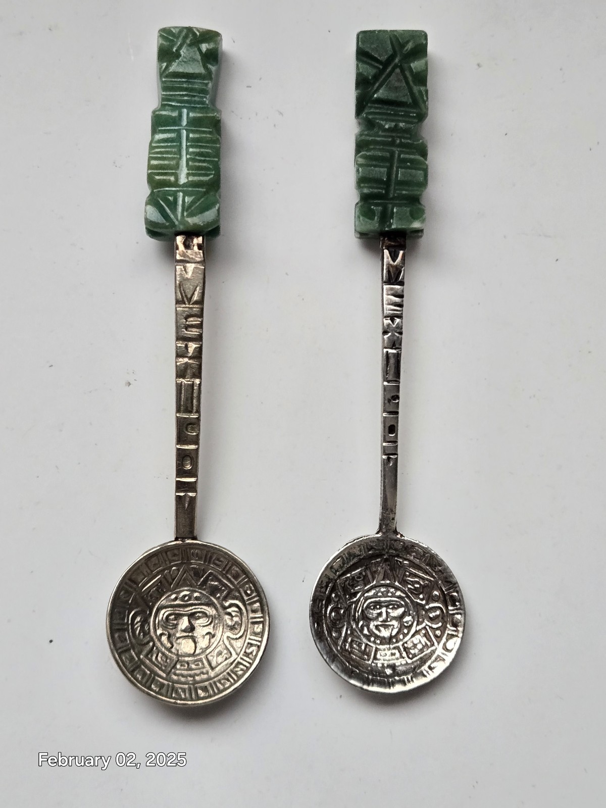 2 Vintage Sterling Filagree Mexican Jade Souvenir Spoons