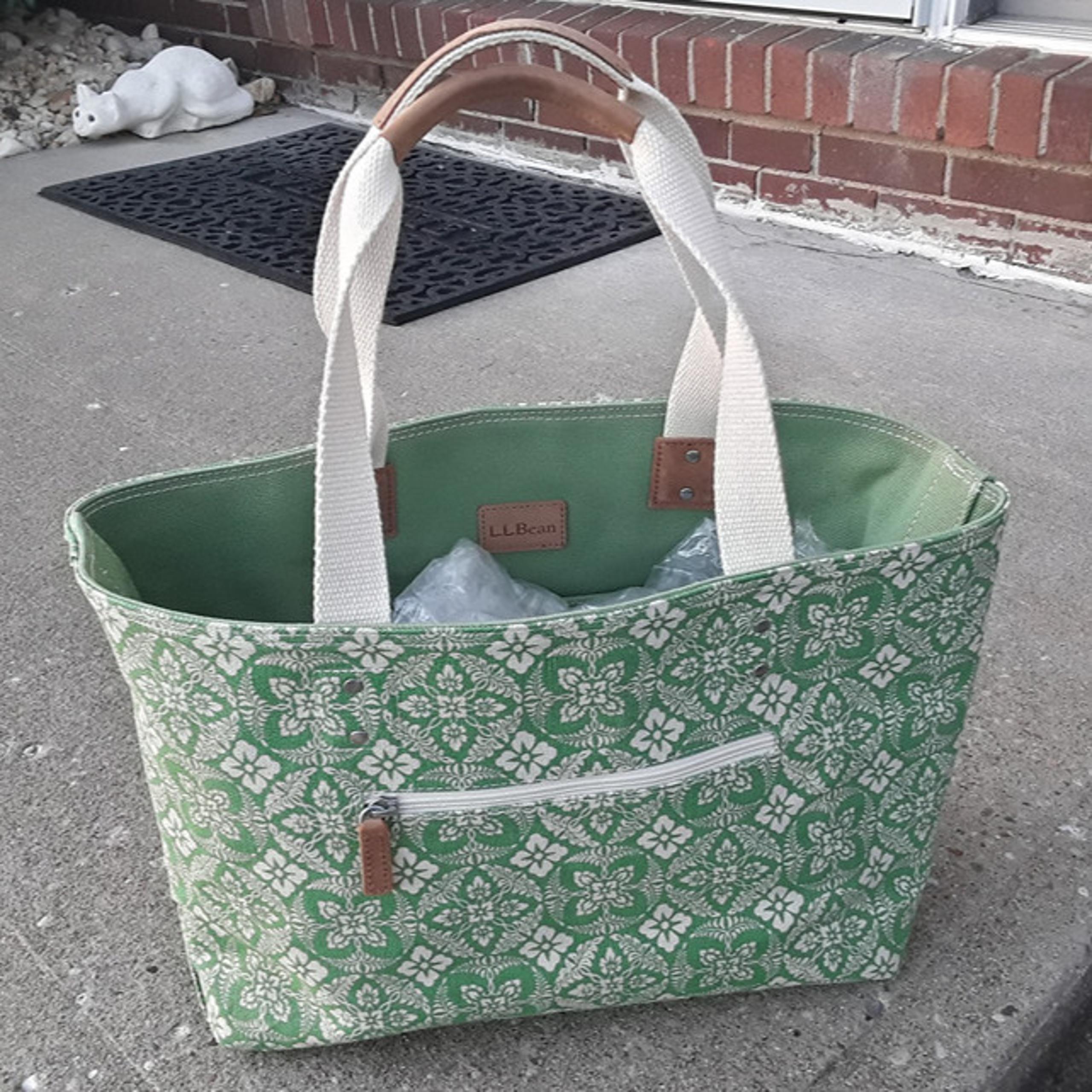 Vintage LL Bean Shoulder Purse Tote Bag Heavy Canvas Green White Floral EUC